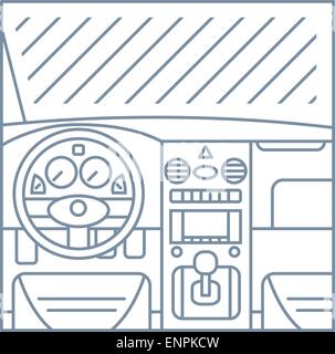 flat simple line illustration of car interior view - window, whell, panel, pedals Stock Vector
