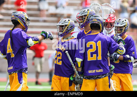 Ithaca, New York, USA. 9th May, 2015. Albany Great Danes players celebrate a goal during a NCAA tournament first round game between the Albany Great Danes and the Cornell Big Red at Schoellkopf Field in Ithaca, New York. Albany defeated Cornell 19-10. Rich Barnes/CSM/Alamy Live News Stock Photo