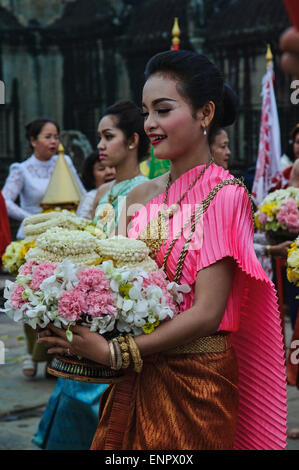 Offering flowers during the Khmer New Year in Angkor Wat, Siem Reap Stock Photo