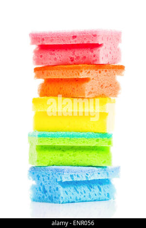 Stack of Colorful Cleaning Sponges on White Background with Reflection, Household Hygiene Equipment Stock Photo