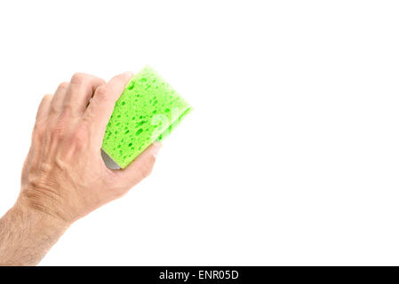 Caucasian Male Hand Holding Green Cleaning Sponge on White Background, Housekeeping Hygiene Concept with Blank Copy Space for Te Stock Photo