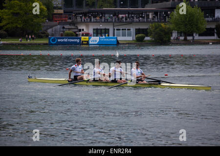 Lake Bled, Slovenia. 10th May, 2015. Team Germany (Ernsting Clemens, Jakob Schneider, Bjoern Birkner and Schroeter Paul) , during preparation for Heat race of Men's Four on World rowing Cup in Lake Bled, Slovenia Credit:  Nejc Trpin/Alamy Live News Stock Photo