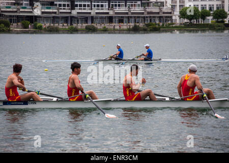 Lake Bled, Slovenia. 10th May, 2015. Team Estonia (Kuslap Kaur and Jamsa Andrei) at Men's Double Sculls heat race and Team China at Men's Four on World Rowing Cup, Lake Bled, Slovenia Credit:  Nejc Trpin/Alamy Live News Stock Photo