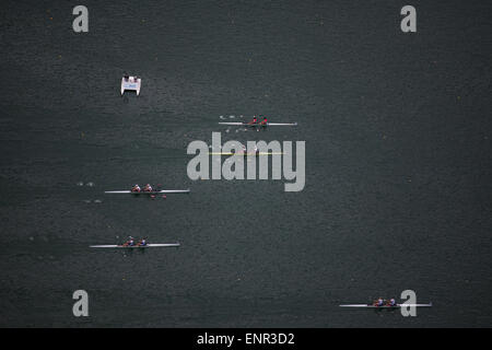Lake Bled, Slovenia. 10th May, 2015. Heat race of Men's double sculls at World Rowing Cup, Lake Bled, Slovenia Credit:  Nejc Trpin/Alamy Live News Stock Photo