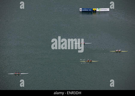 Lake Bled, Slovenia. 10th May, 2015. Heat race of Woman's Double Sculls at World Cup Rowing, Lake Bled, Slovenia Credit:  Nejc Trpin/Alamy Live News Stock Photo