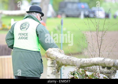 Badminton, Gloucestershire. 9th May, 2015.  Mitsubishi Motors Badminton Horse Trials 2015. Badminton, England. Rolex Grand Slam Event and part of the FEI  series 4star. Leaders from day 3 of 4 Fence judge during the Cross Country Phase Credit:  Julie Priestley/Alamy Live News Stock Photo