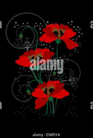 Red poppies on a black background Stock Vector