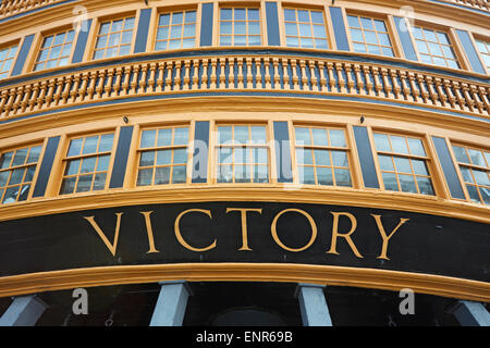 Portsmouth the stern of HMS Victory Nelson's flagship at the battle of Trafalgar Stock Photo