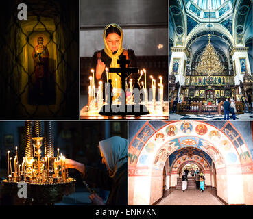 collage of photos Orthodox parishioners in the church Stock Photo