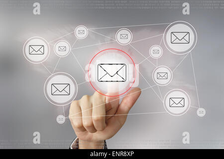 hand pushing e-mail button with global networking concept Stock Photo