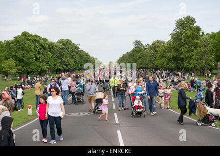 London, UK. 10th May, 2015. Crowds walking down Chestnut Avenue in London's Bushy Park. Chestnut Sunday is the biggest day in the park’s calendar. Each year, on the Sunday closest to 11th May, people come from all over London and the South East to join in our local tradition of celebrating the blossom on the magnificent horse chestnut trees in the park. In World War II Bushy Park was commandeered as the Supreme Headquarters of the Allied Expeditionary Forces and was the base from which General Eisenhower planned the D-Day landings.  Chestnut Sunday has evolved through its long history but the  Stock Photo