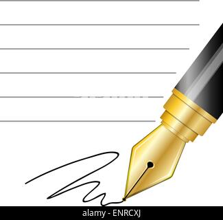 Close up of a fountain pen and signature Stock Vector