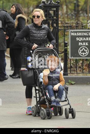 Jane Krakowski and her son Bennett out for a stroll near Washington Square Park  Featuring: Jane Krakowski,Bennett Robert Godley Where: New York City, New York, United States When: 05 Nov 2014 Stock Photo