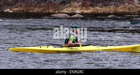 Senior man male in a yellow kayak. Kayaking on the Hudson River USA America Adirondack State Park Adirondacks. Stock Photo