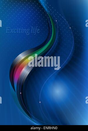 Glossy curves covering rainbow curve on blue mesh background Stock Vector