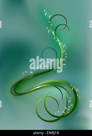 Swirling bright curves and bubbles on dark green mesh gradient background Stock Vector