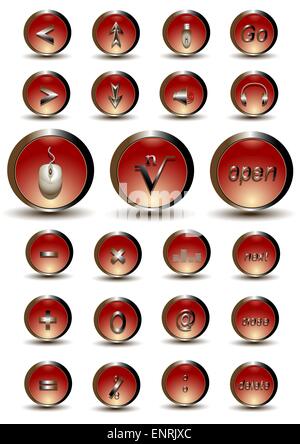 Collection of red glossy buttons with web and mathematical symbols Stock Vector