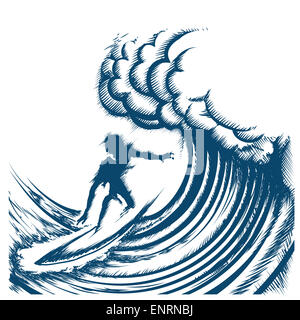 Surfer riding big wave drawn in retro engraving style. Isolated on white Background Stock Photo