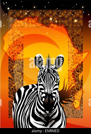 The zebra against contour of Africa and stars in the midnight sky Stock Vector