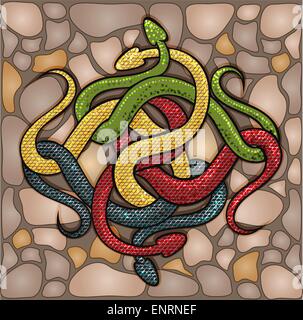 The four snakes in the knot laying against stone background drawn in cartoon style Stock Vector