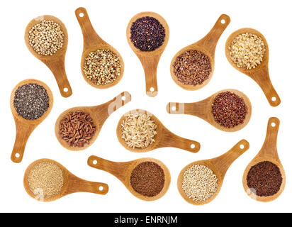 a variety of gluten free grains (buckwheat, amaranth, brown rice, millet, sorghum, teff, black, red, white and black quinoa, chi Stock Photo