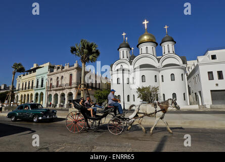 Nuestra Señora de Kazan Russian Orthodox cathedral and old buildings along the Malecon, Havana, Cuba Stock Photo