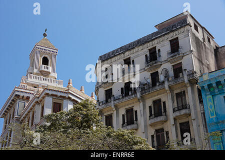 Art Deco tower of Edificio Bacardi (Bacardi Building) and old apartments, Habana Vieja (Old Havana), Cuba Stock Photo