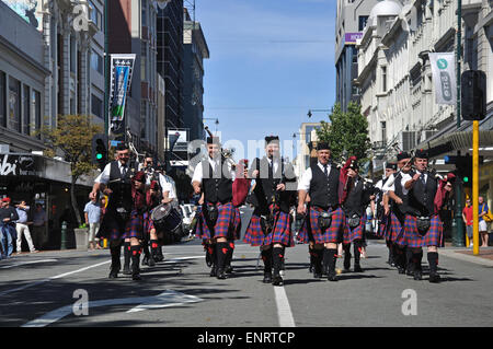 DUNEDIN, NEW ZEALAND, FEBRUARY 21: The Christchurch Pipe Band marches towards the Octagon on February 21, 2010 Stock Photo
