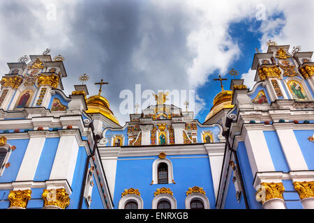 Saint Michael Monastery Cathedral Steeples Spires Facade Kiev Ukraine. Stock Photo