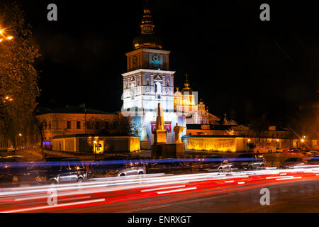 Saint Michael Monastery Cathedral Steeples Spires Tower Night Traffic Lights Facade Kiev Ukraine. Stock Photo