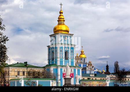 Saint Michael Monastery Cathedral Steeples Spires Tower Golden Dome Facade Kiev Ukraine. Stock Photo