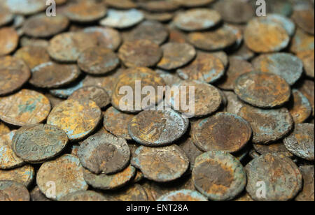 Bronze coins of the 4th century AD. Roman period. National Roman Museum. Palazzo Altemps. Rome. Italy. Stock Photo