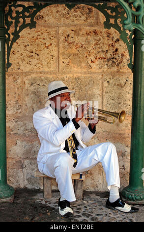 Cuban trumpet player performing in a small park, Havana, Cuba Stock Photo