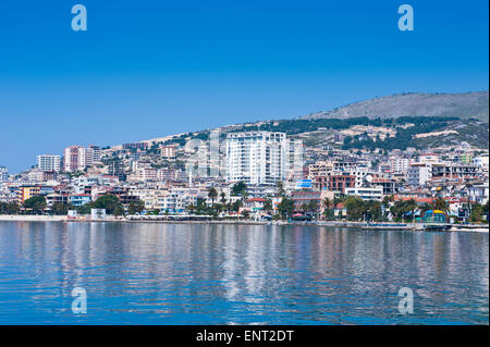 Waterfront of the coastal town of Sarande, Albania Stock Photo