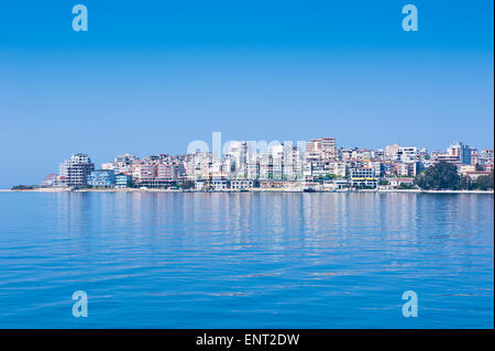 Waterfront of the coastal town of Sarande, Albania Stock Photo