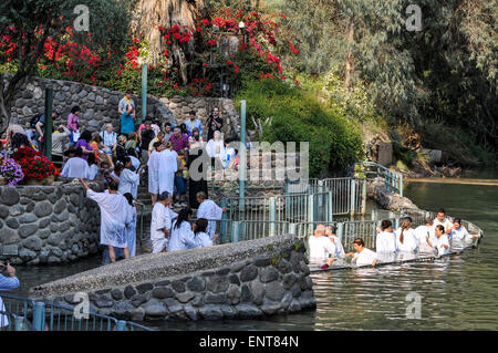 Israel, Yardenit Baptismal Site In the Jordan River Near the Sea of Galilee, A group of American pilgrims being Baptized Stock Photo