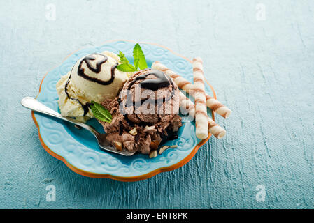 Chocolate and vanilla Ice cream on a plate Stock Photo