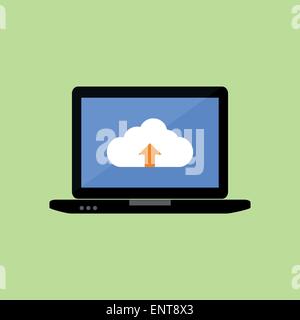 Flat style laptop with cloud uploading Stock Vector