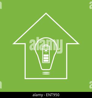 Eco house with solar battery. White on green Stock Vector