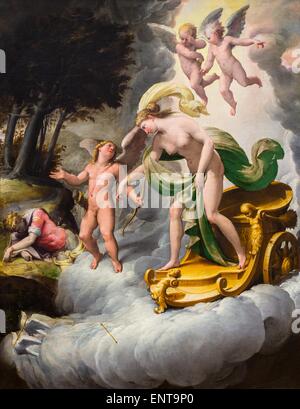 Venus conducted by Love alongside with dead Adonis, mortally wounded by a boar because of Diana anger (Metamorphoses by Ovid) 26/09/2013 - 16th century Collection Stock Photo