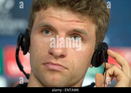 Munich, Germany. 11th May, 2015. Thomas Mueller attends a press conference at Allianz Arena in Munich, Germany, 11 May 2015. FC Bayern Munich will meet FC Barcelona in the second leg semi final of the Champions League on 12 May. Credit:  dpa picture alliance/Alamy Live News Stock Photo