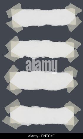 Set of various torn note papers with adhesive, sticky tape on dark gray background. Stock Vector