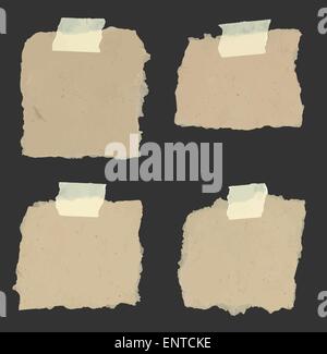 Set of various torn note papers with adhesive, sticky tape on black background. Stock Vector