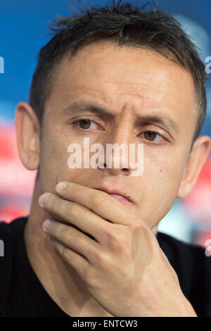 Munich, Germany. 11th May, 2015. FC Bayern Munich's Rafinha attends a press conference at Allianz Arena in Munich, Germany, 11 May 2015. FC Bayern Munich will meet FC Barcelona in the second leg semi final of the Champions League on 12 May. Photo: Peter Kneffel/dpa/Alamy Live News Stock Photo