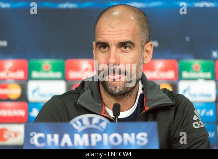 Munich, Germany. 11th May, 2015. FC Bayern Munich's head coach Pep Guardiola speaks during a press conference at Allianz Arena in Munich, Germany, 11 May 2015. FC Bayern Munich will meet FC Barcelona in the second leg semi final of the Champions League on 12 May. Photo: Peter Kneffel/dpa/Alamy Live News Stock Photo