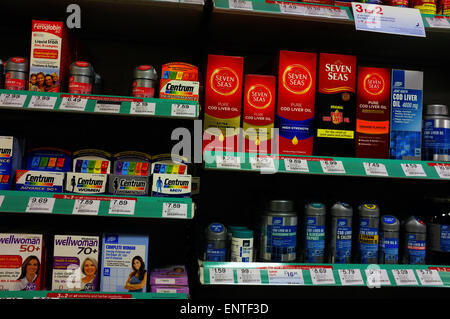 Shelfs of vitamin pills and supplements in a Bristol store. Stock Photo