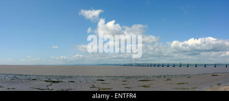 A panoramic view of the Second Severn Crossing bridge connecting England to Wales as seen from Severn Beach in Gloucestershire. Stock Photo
