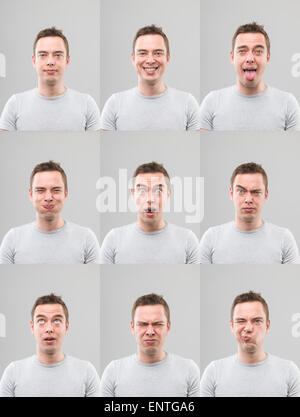 young man with different facial expressions. digital composite image Stock Photo