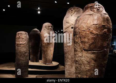 Jerusalem, Israel. 11th May, 2015. 13th century BCE human shaped coffins, displayed in the Archaeology Section at the Israel Museum. The museum celebrates its 50th birthday with free admission, extended hours and special events and performances. The Israel Museum, founded in 1965, is the largest cultural institution in the State of Israel and is ranked among the world’s leading art and archaeology museums. Credit:  Nir Alon/Alamy Live News Stock Photo