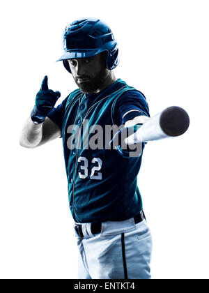 one caucasian man baseball player playing  in studio  silhouette isolated on white background Stock Photo